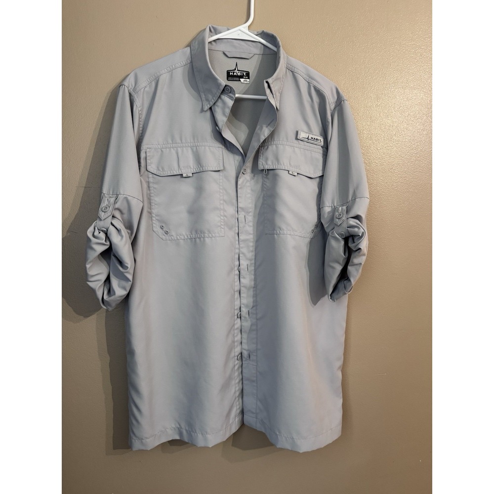 Habit Men's Size Medium Gray Vented Long Sleeve Button Up Fishing Shirt Mens